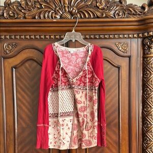 Sundance Red and Cream Patchwork Long Sleeve Top